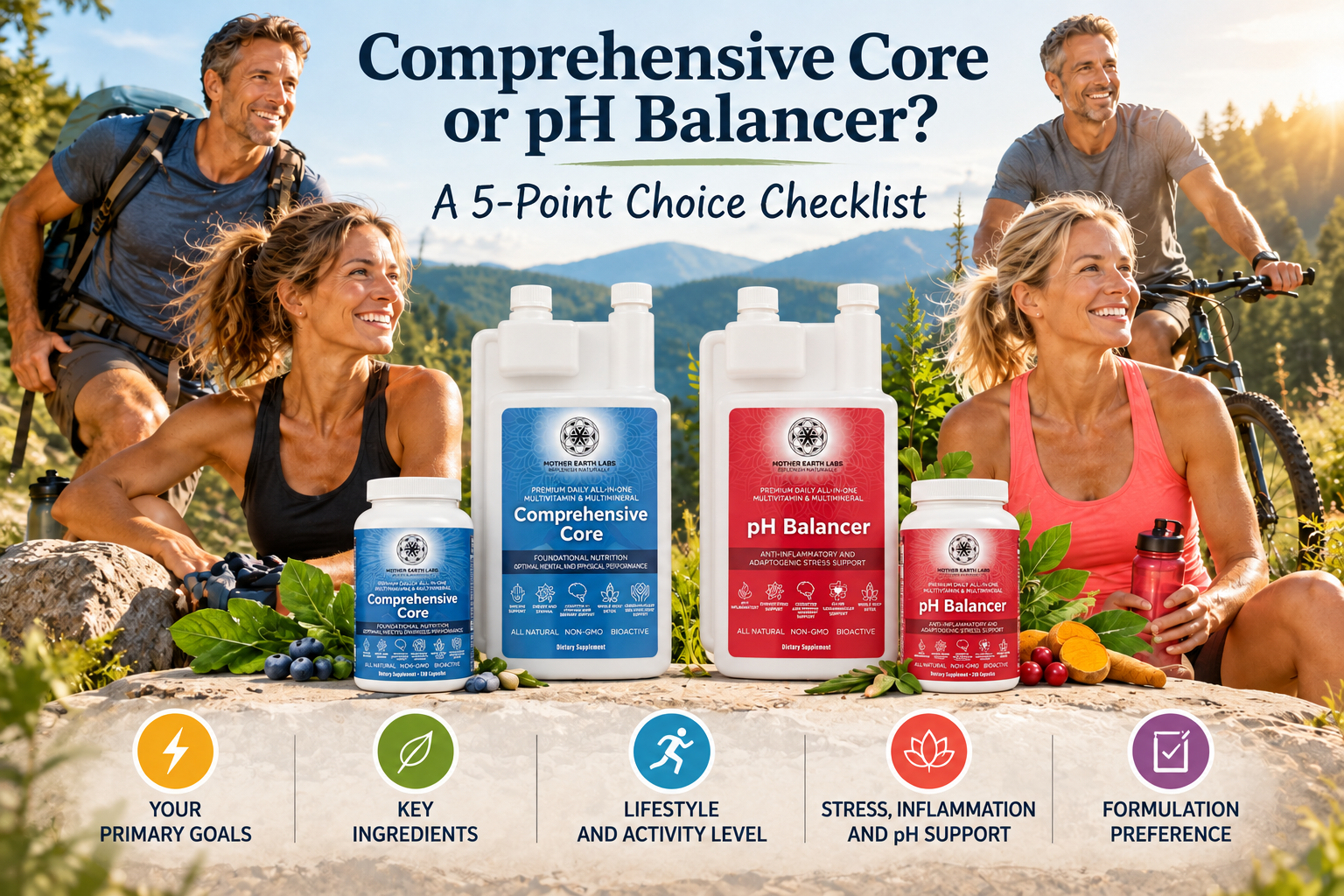 Comprehensive Core or pH Balancer? A 5-Point Choice Checklist, showing both products in liquid and capsule bottles with active adults in an outdoor mountain setting.