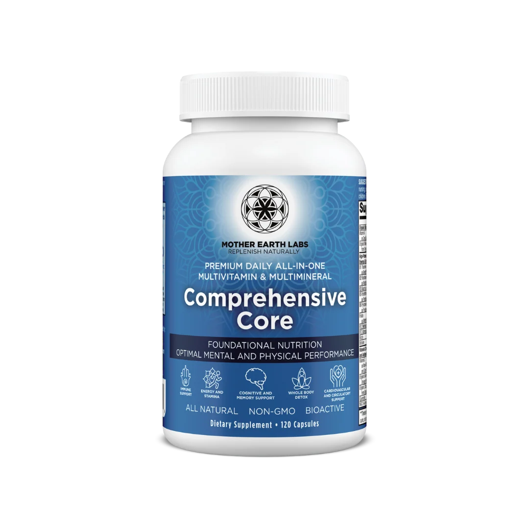 Actual Mother Earth Labs Comprehensive Core capsule bottle with blue label.