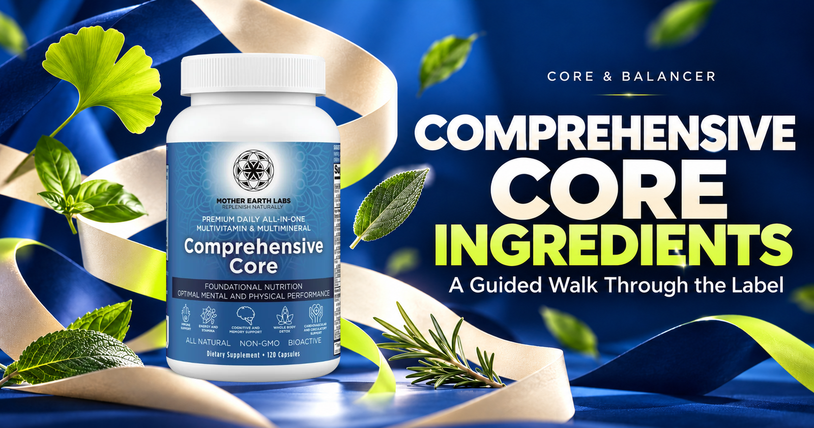 Comprehensive Core ingredients: an authentic blue capsule bottle in a cobalt editorial ingredient exhibit.