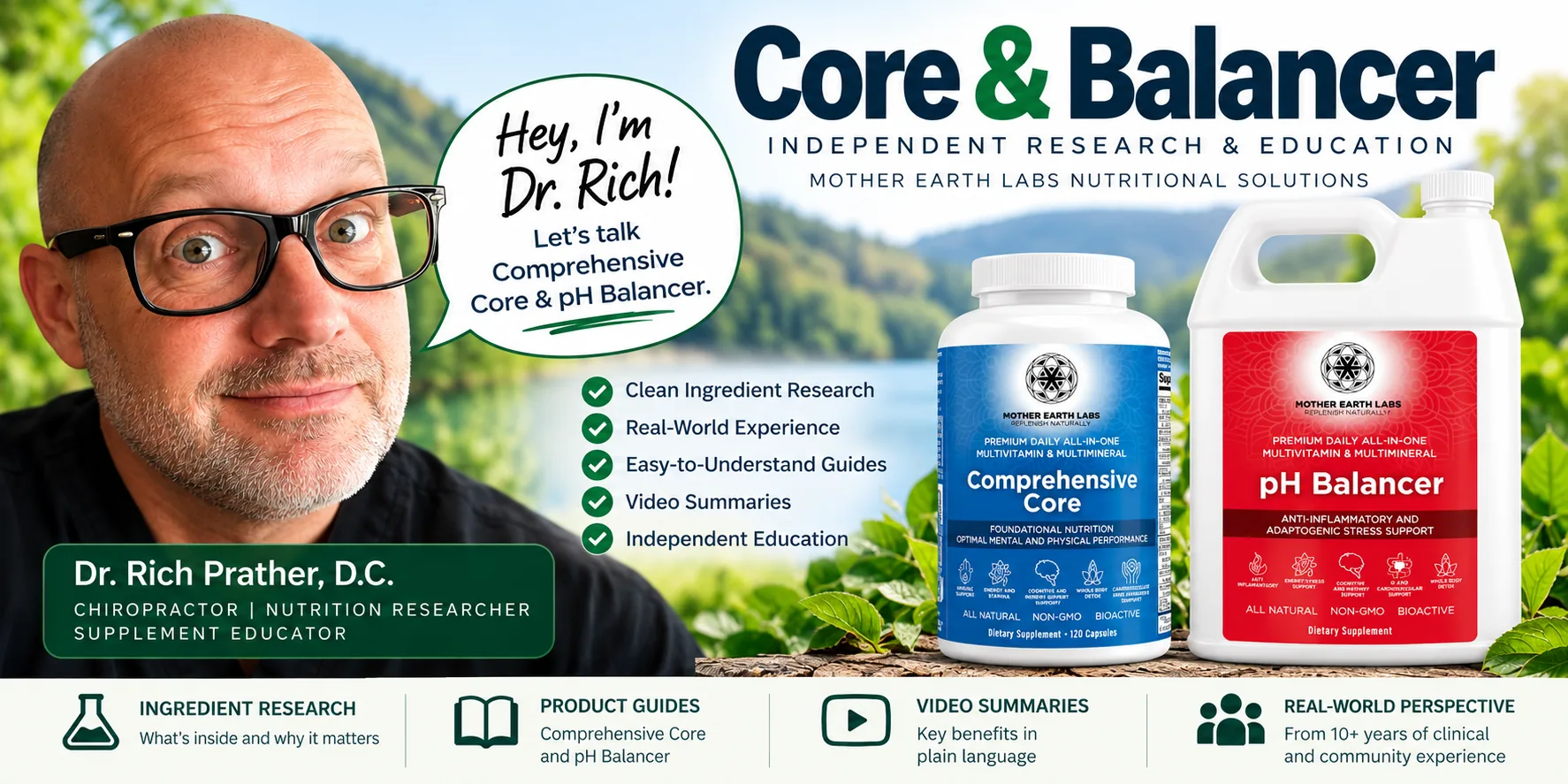Core and Balancer educational banner with authentic Comprehensive Core and pH Balancer product packaging.