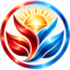 Core & Balancer red-and-blue circular sunrise emblem