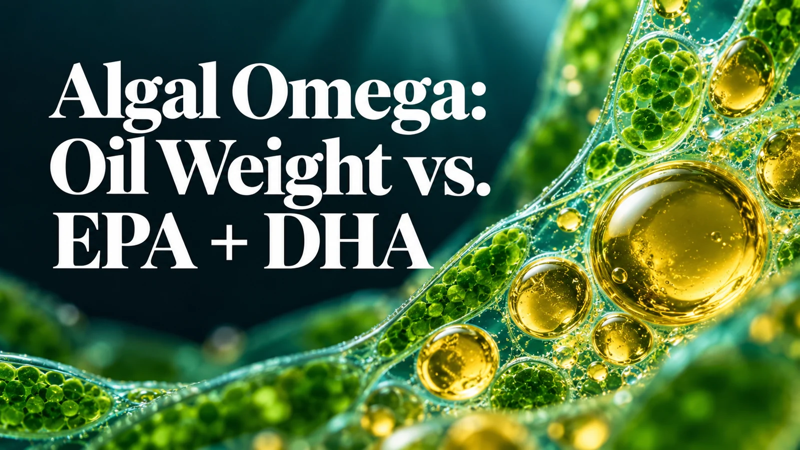 Emerald algae-inspired textures and golden oil droplets against a dark teal background.