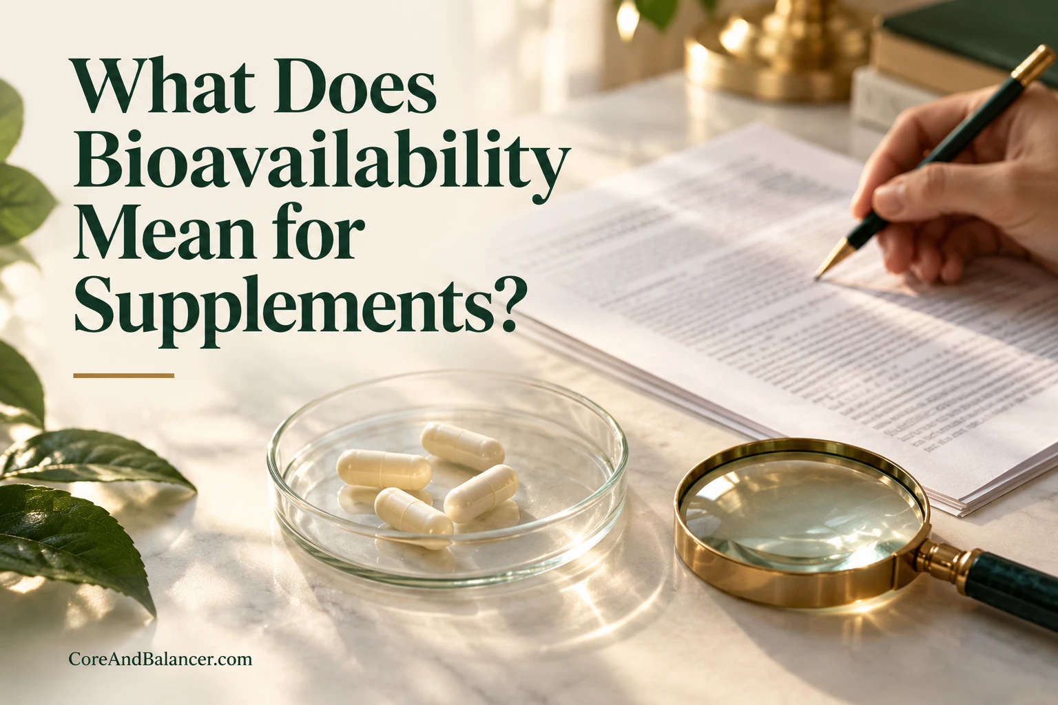 A person reads a research paper beside generic capsules and a magnifying glass, beneath the title What Does Bioavailability Mean for Supplements?