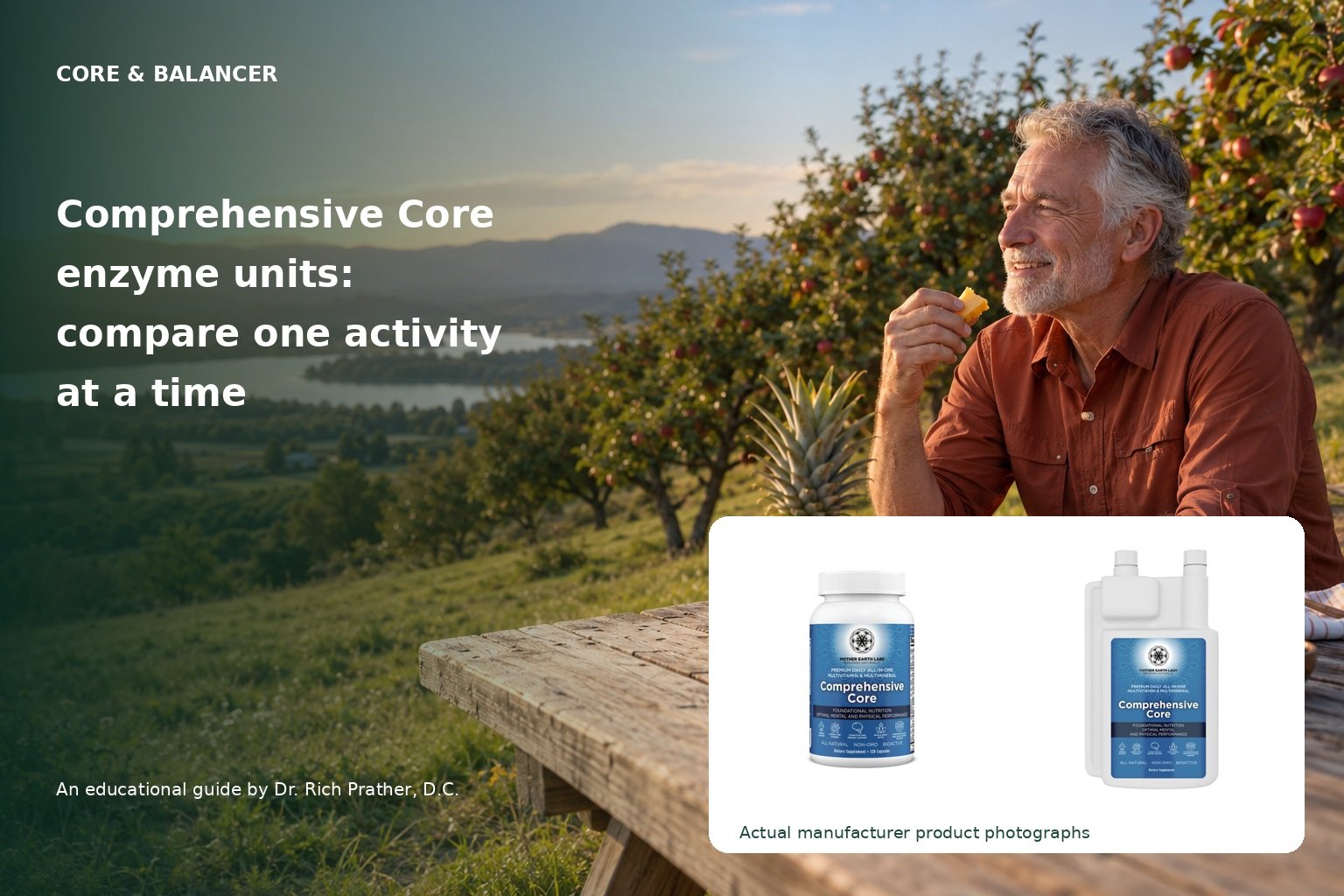 Comprehensive Core enzyme units: original orchard scene with accurate capsule and dispensing-quart product photographs.