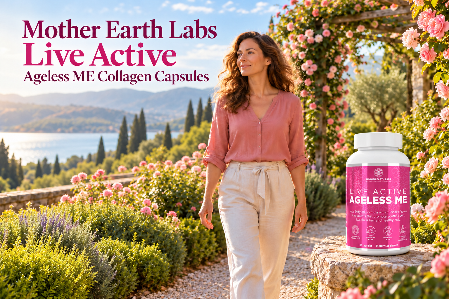 Mother Earth Labs Live Active Ageless ME Collagen Capsules with actual product packaging in an original full outdoor scene.