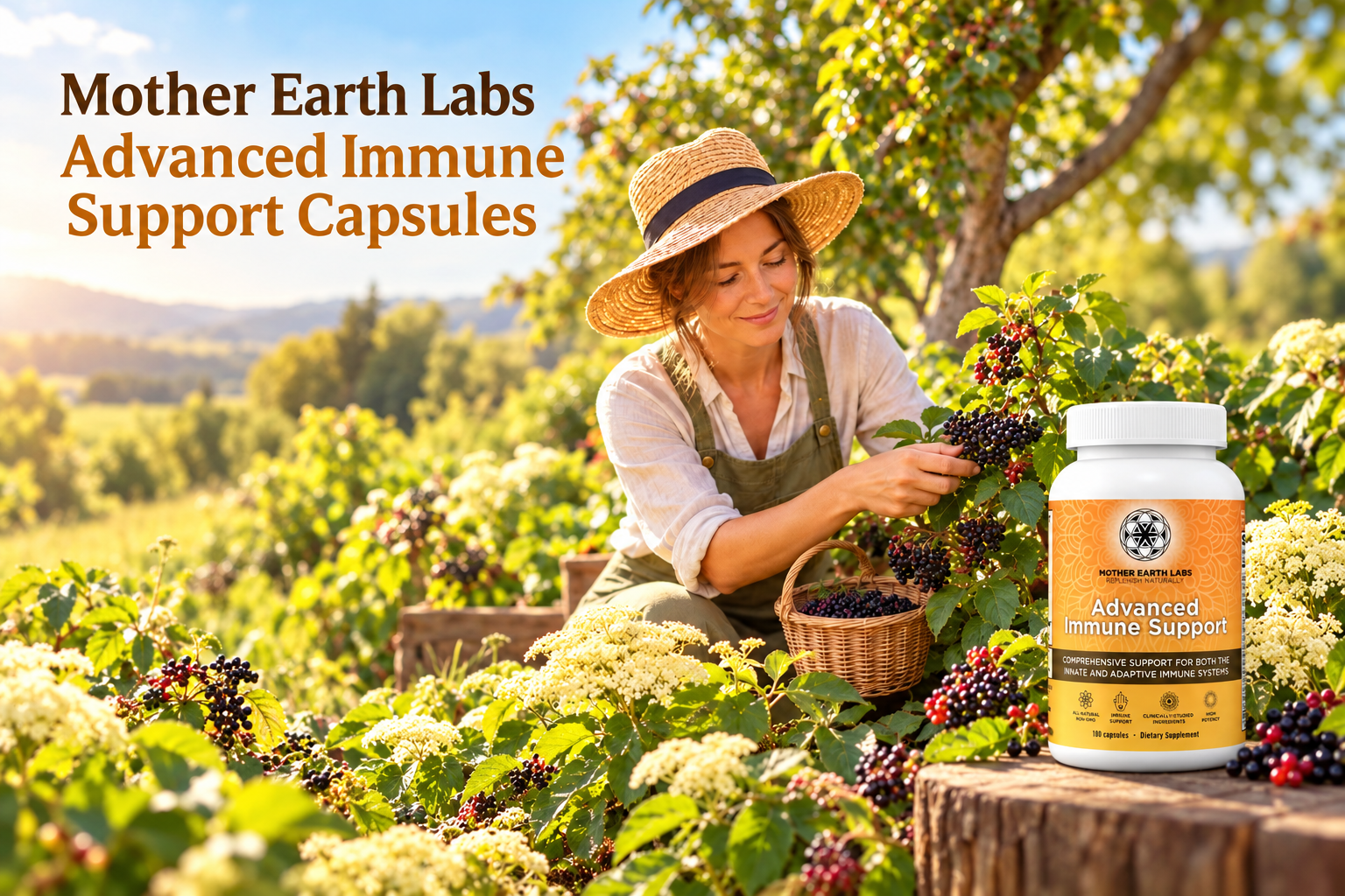 Mother Earth Labs Advanced Immune Support Capsules with actual product packaging in an original full outdoor scene.