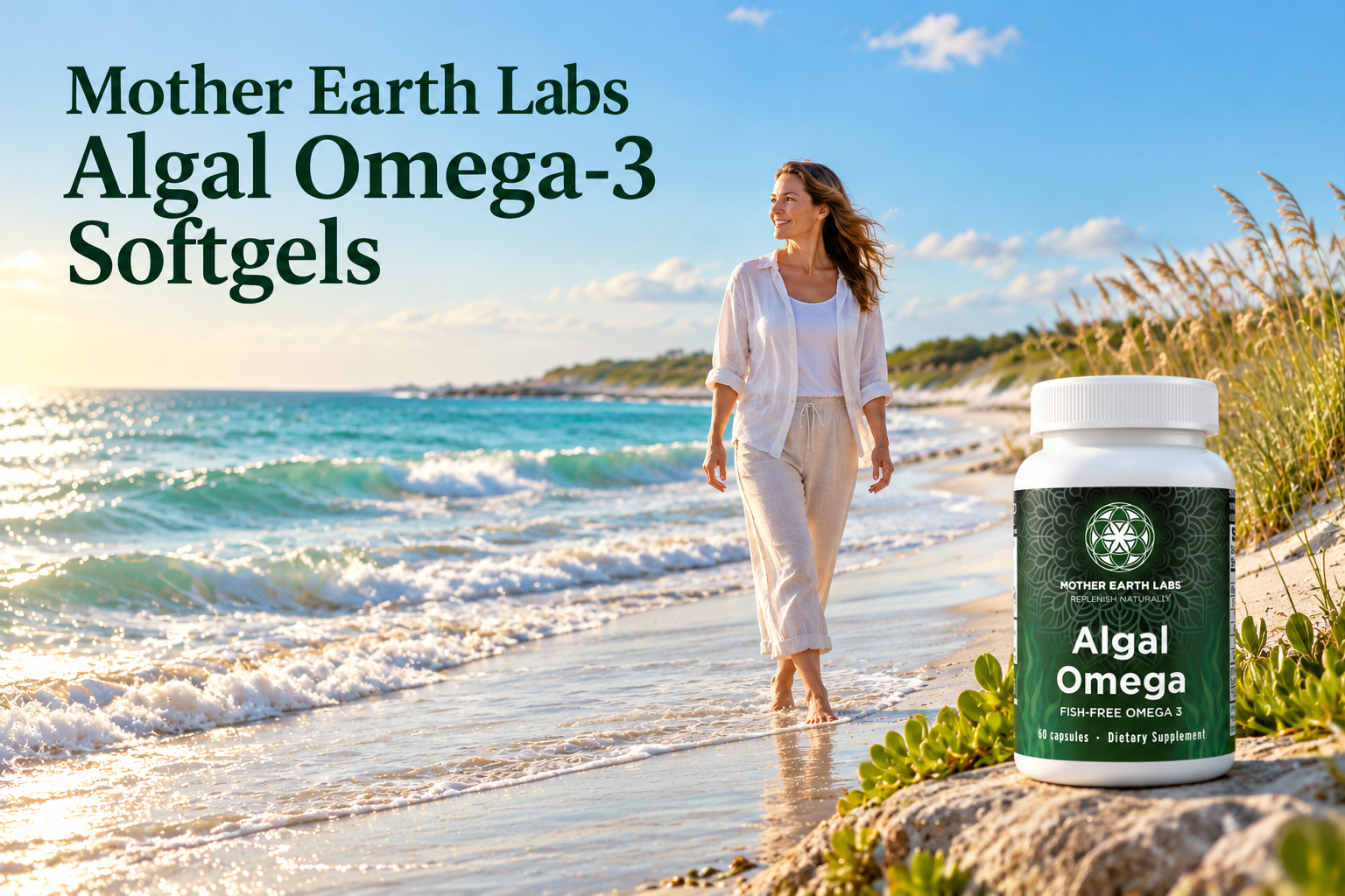 Mother Earth Labs Algal Omega-3 Softgels with actual product packaging in an original full outdoor scene.