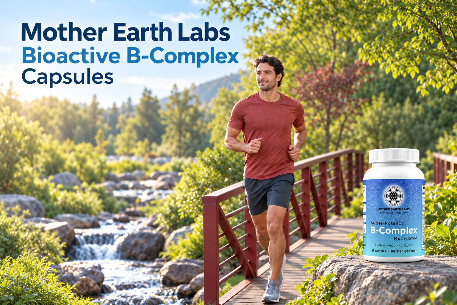 Mother Earth Labs Bioactive B-Complex Capsules with actual product packaging in an original full outdoor scene.