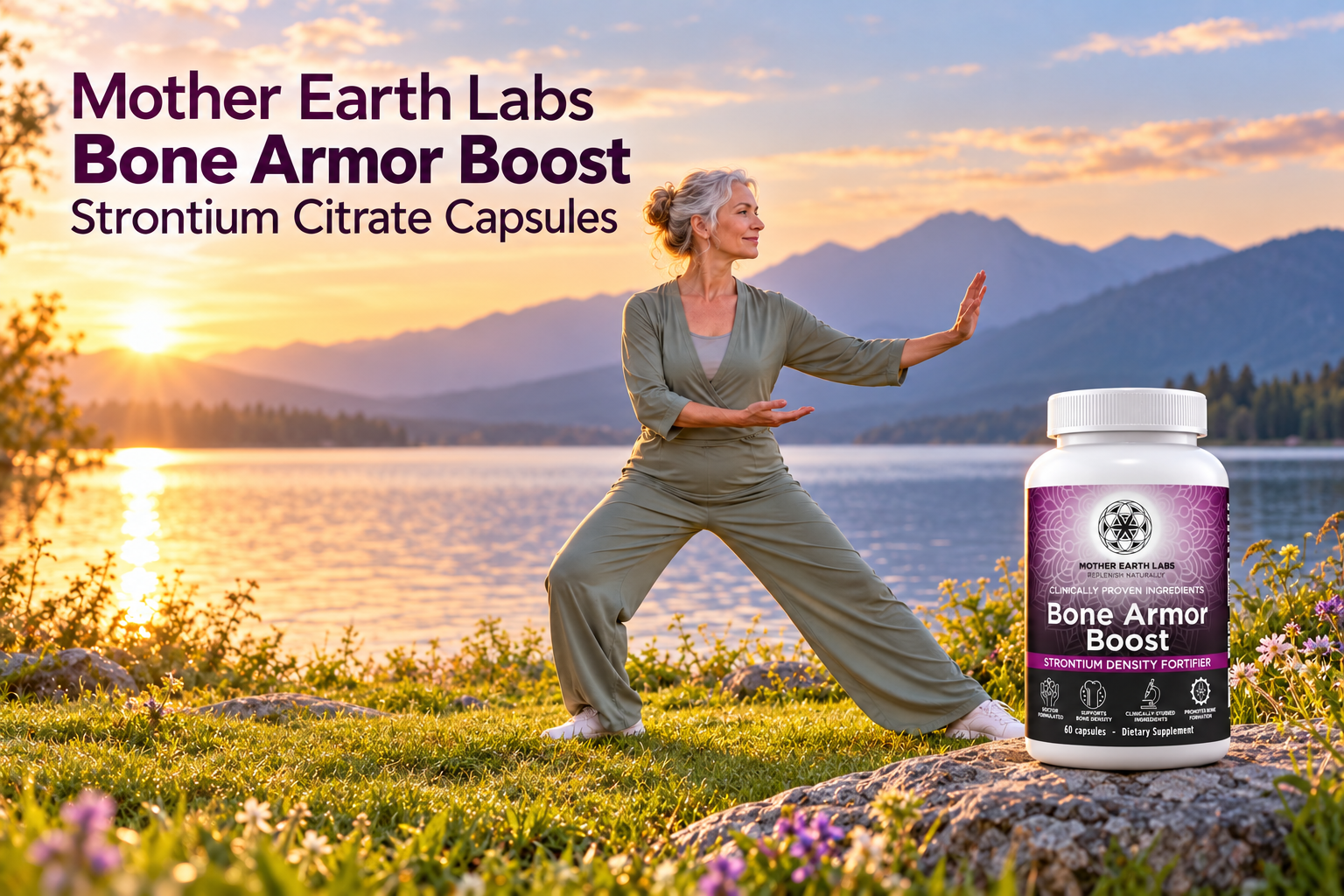 Mother Earth Labs Bone Armor Boost Strontium Citrate Capsules with actual product packaging in an original full outdoor scene.
