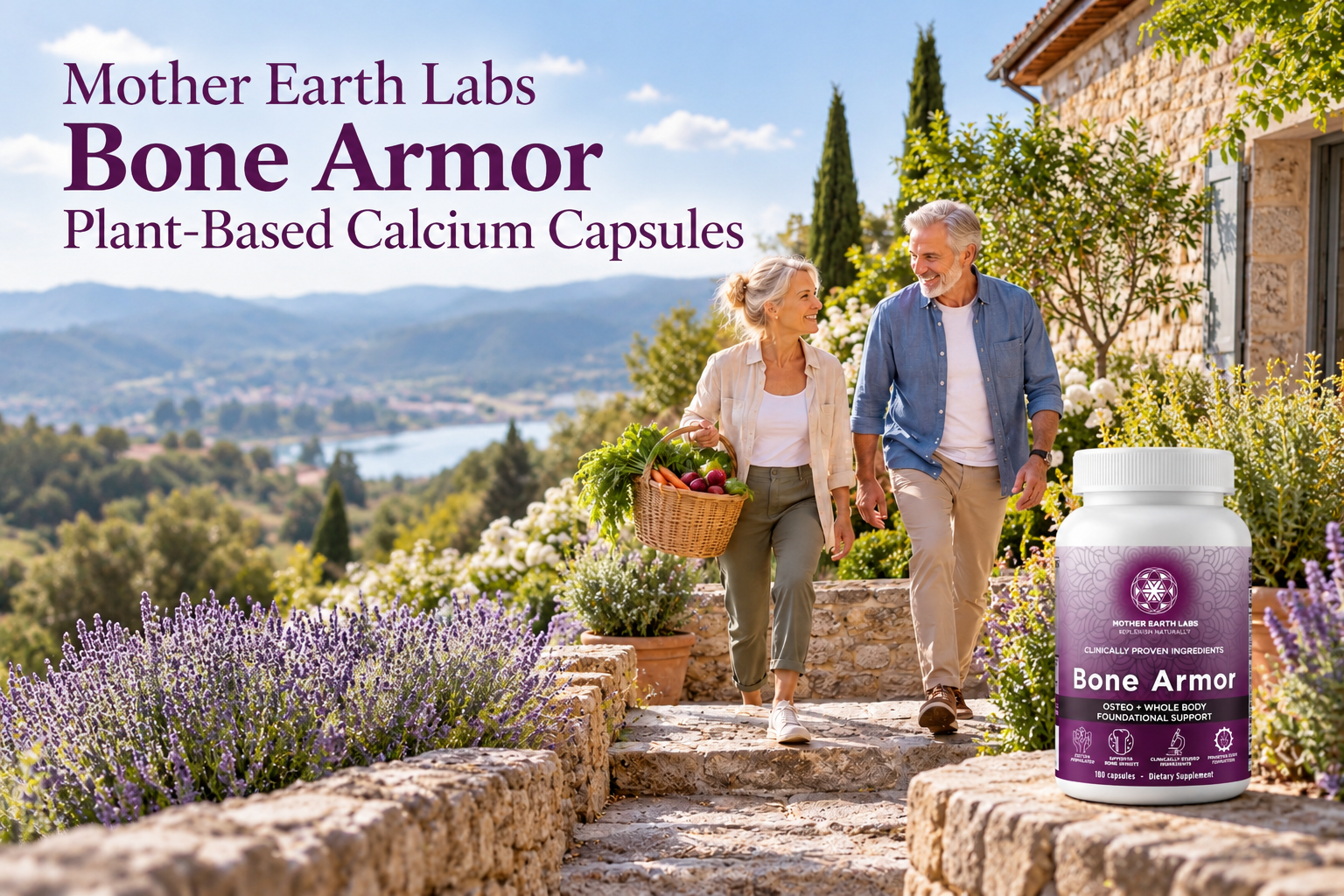 Mother Earth Labs Bone Armor Plant-Based Calcium Capsules with actual product packaging in an original full outdoor scene.