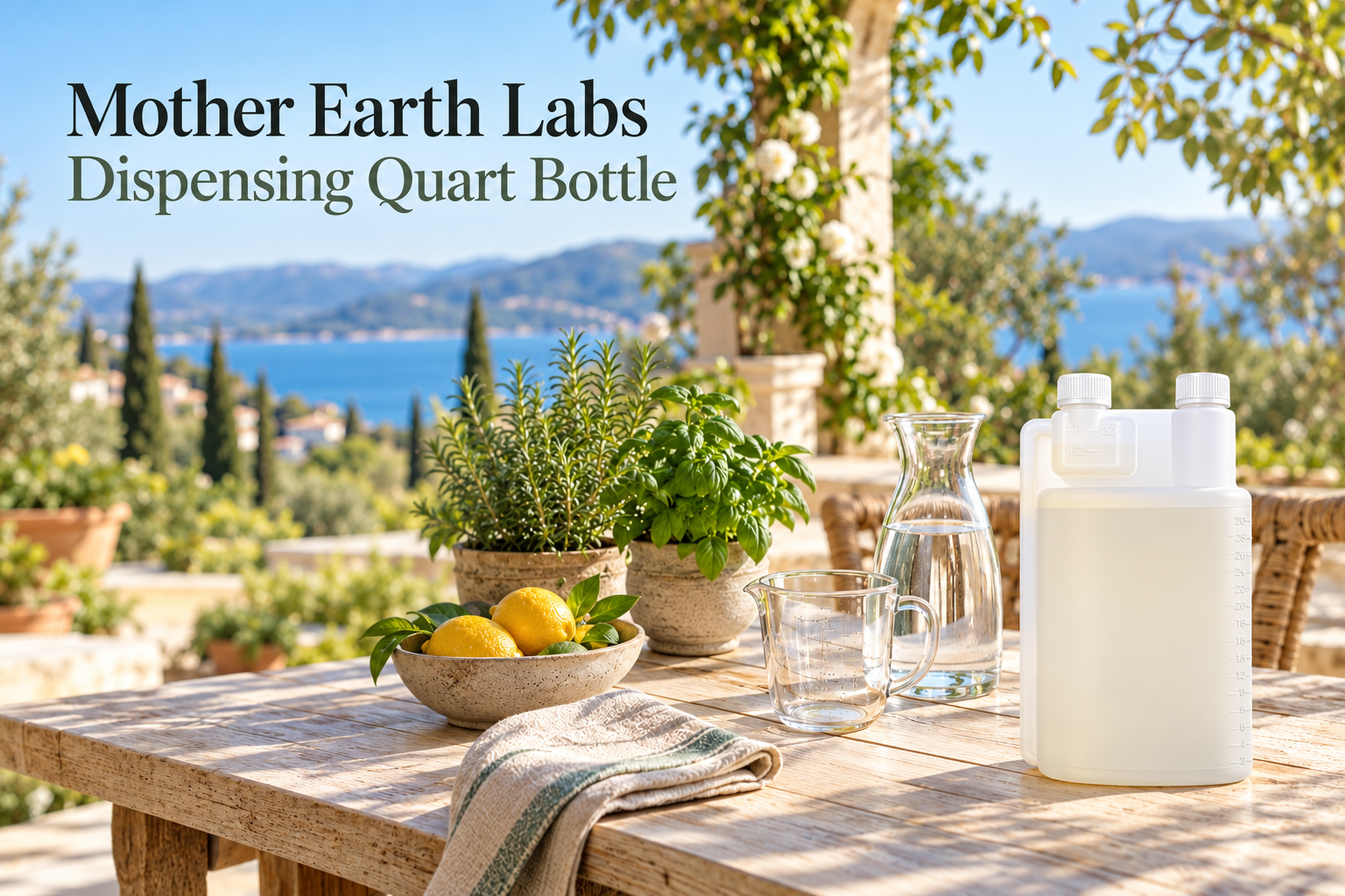 Mother Earth Labs Dispensing Quart Bottle with actual product packaging in an original full outdoor scene.