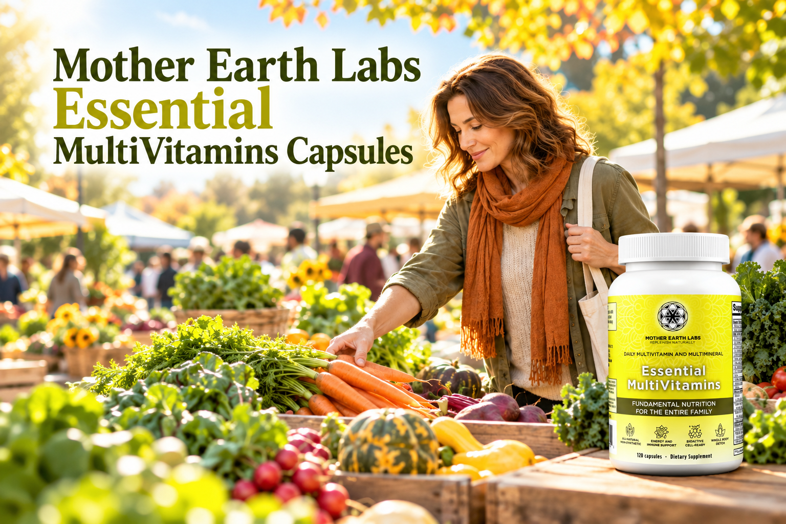 Mother Earth Labs Essential MultiVitamins Capsules with actual product packaging in an original full outdoor scene.