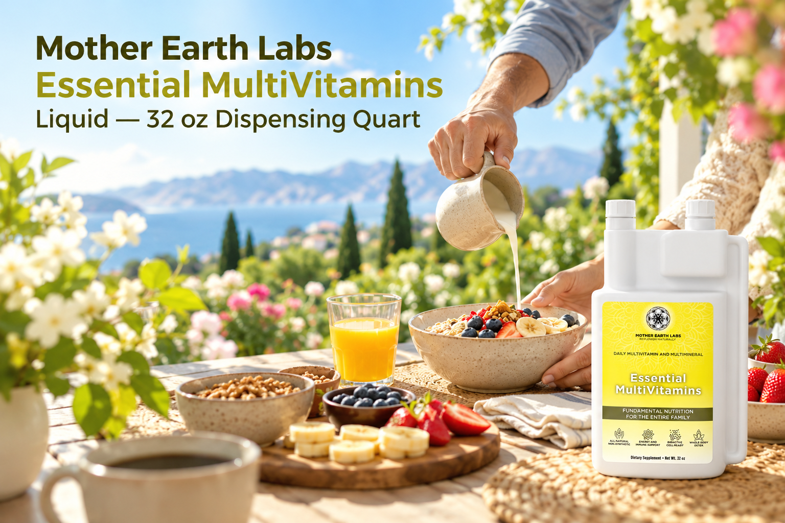 Mother Earth Labs Essential MultiVitamins Liquid — 32 oz Dispensing Quart with actual product packaging in an original full outdoor scene.