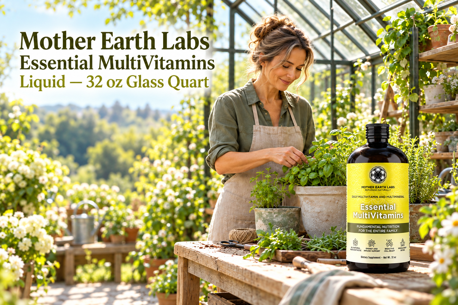 Mother Earth Labs Essential MultiVitamins Liquid — 32 oz Glass Quart with actual product packaging in an original full outdoor scene.