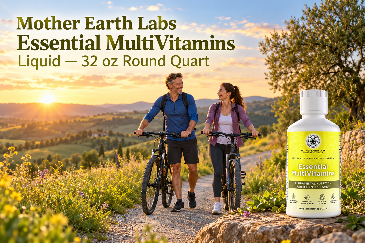 Mother Earth Labs Essential MultiVitamins Liquid — 32 oz Round Quart with actual product packaging in an original full outdoor scene.