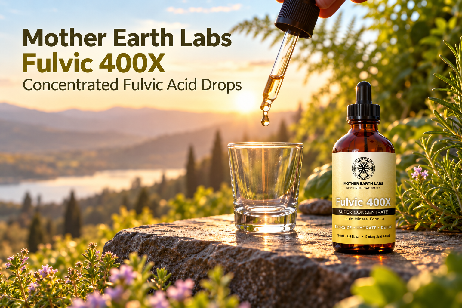 Mother Earth Labs Fulvic 400X Concentrated Fulvic Acid Drops with actual product packaging in an original full outdoor scene.