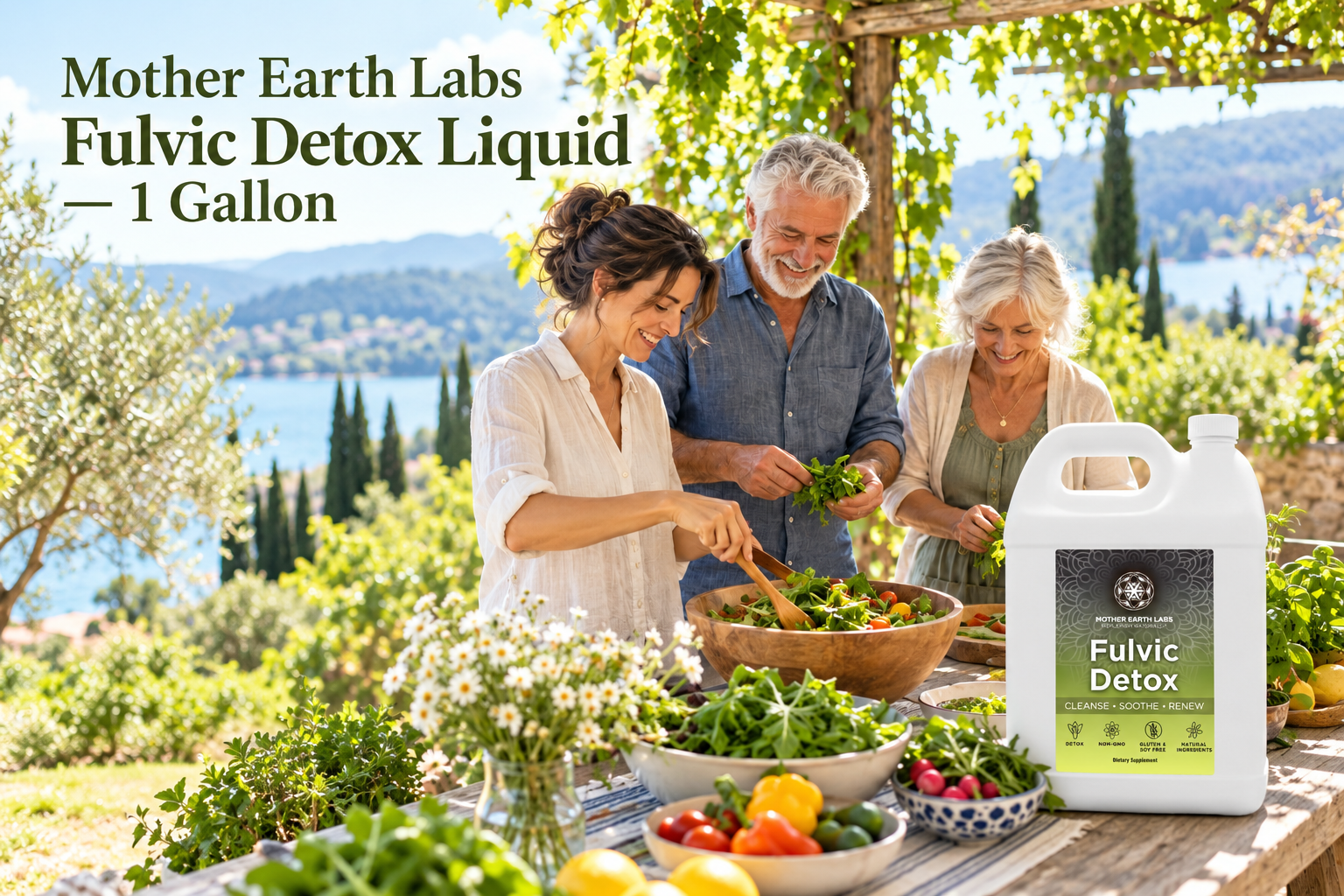 Mother Earth Labs Fulvic Detox Liquid — 1 Gallon with actual product packaging in an original full outdoor scene.