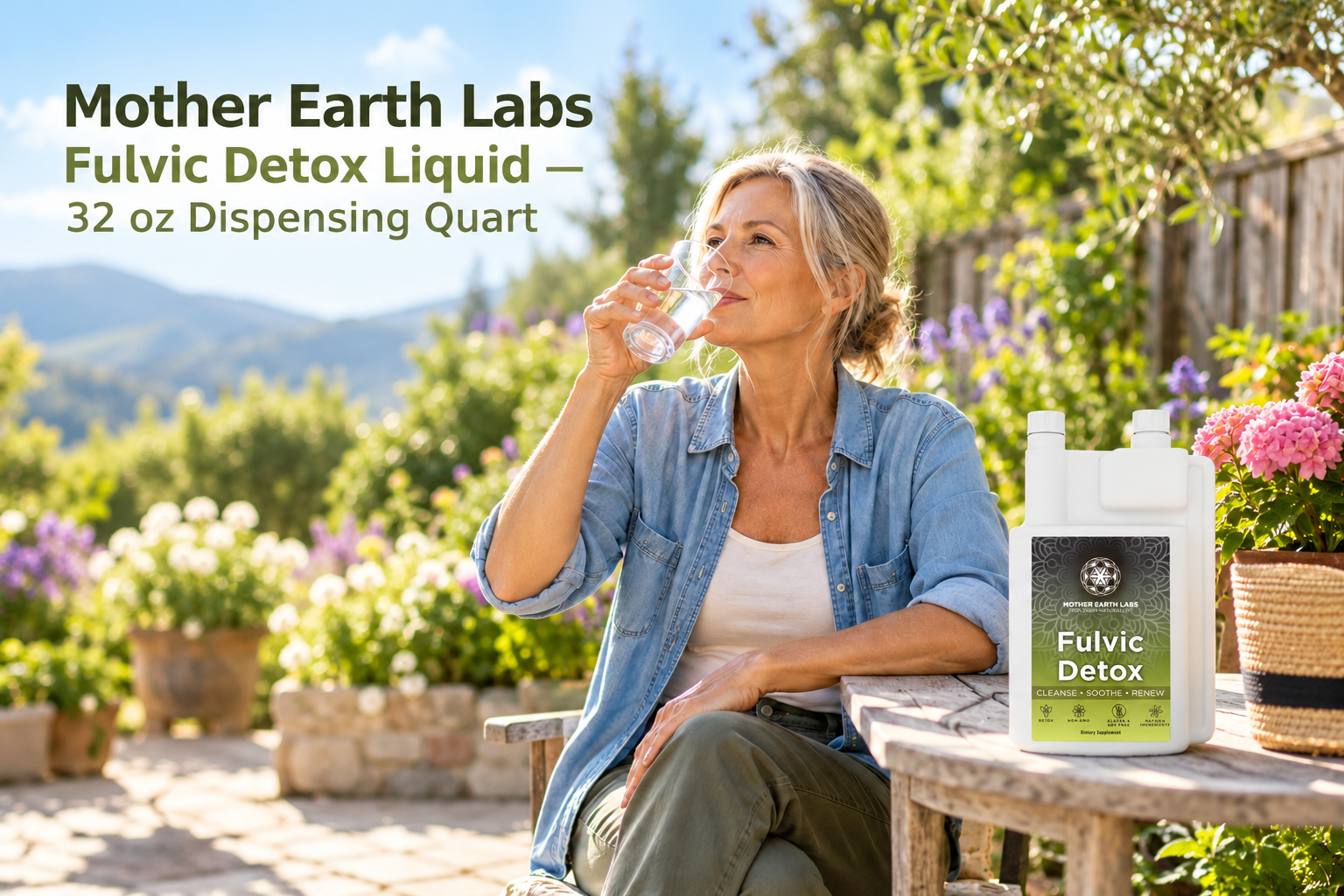 Mother Earth Labs Fulvic Detox Liquid — 32 oz Dispensing Quart with actual product packaging in an original full outdoor scene.