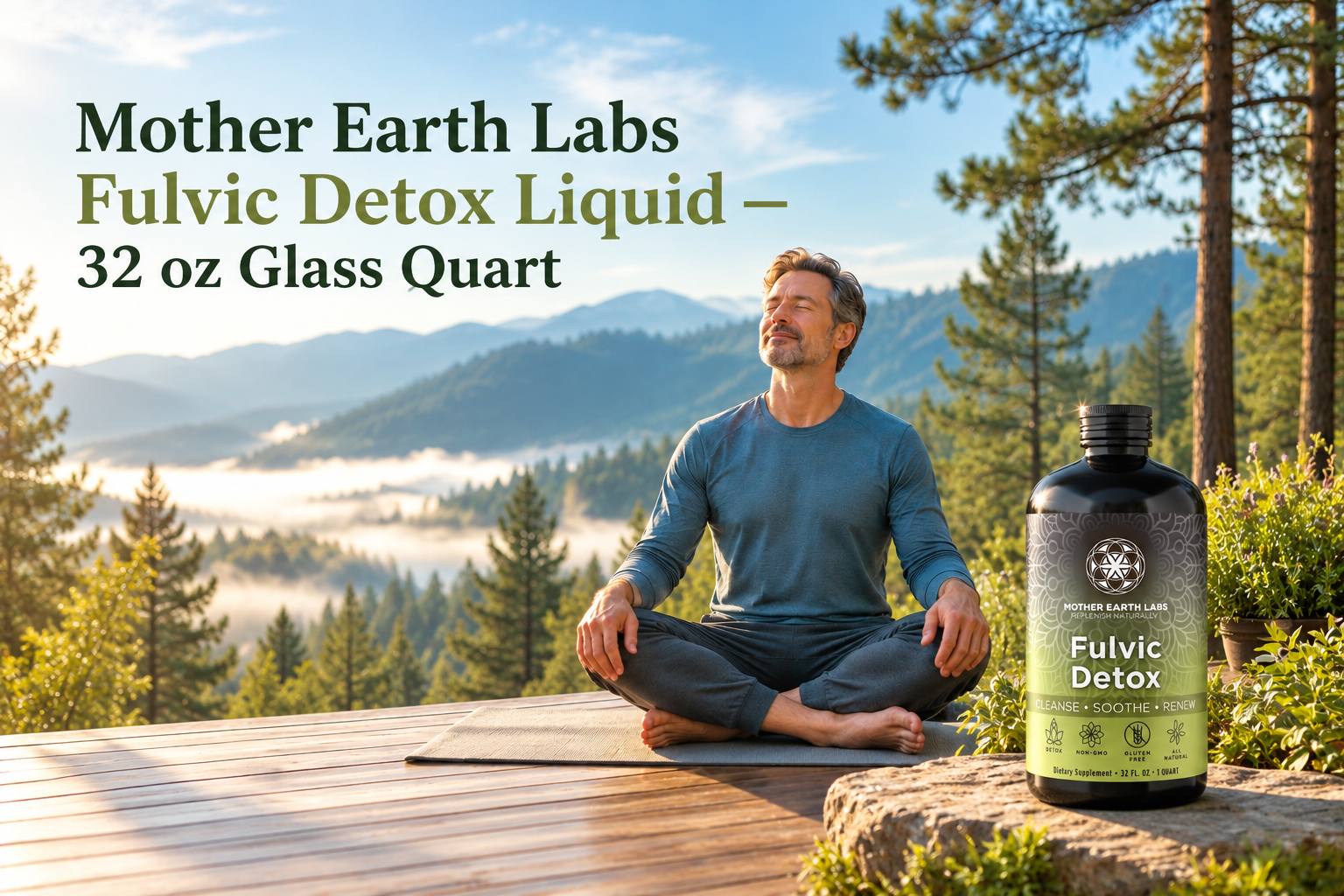 Mother Earth Labs Fulvic Detox Liquid — 32 oz Glass Quart with actual product packaging in an original full outdoor scene.