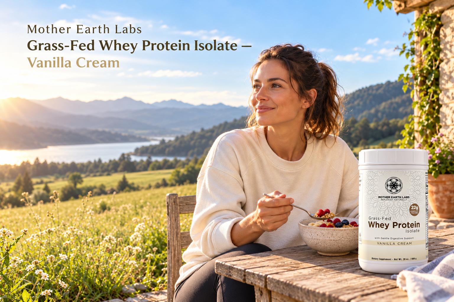 Mother Earth Labs Grass-Fed Whey Protein Isolate — Vanilla Cream with actual product packaging in an original full outdoor scene.