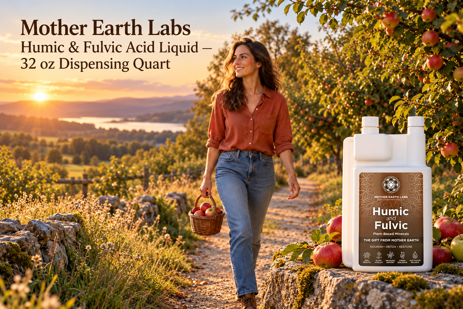 Mother Earth Labs Humic & Fulvic Acid Liquid — 32 oz Dispensing Quart with actual product packaging in an original full outdoor scene.