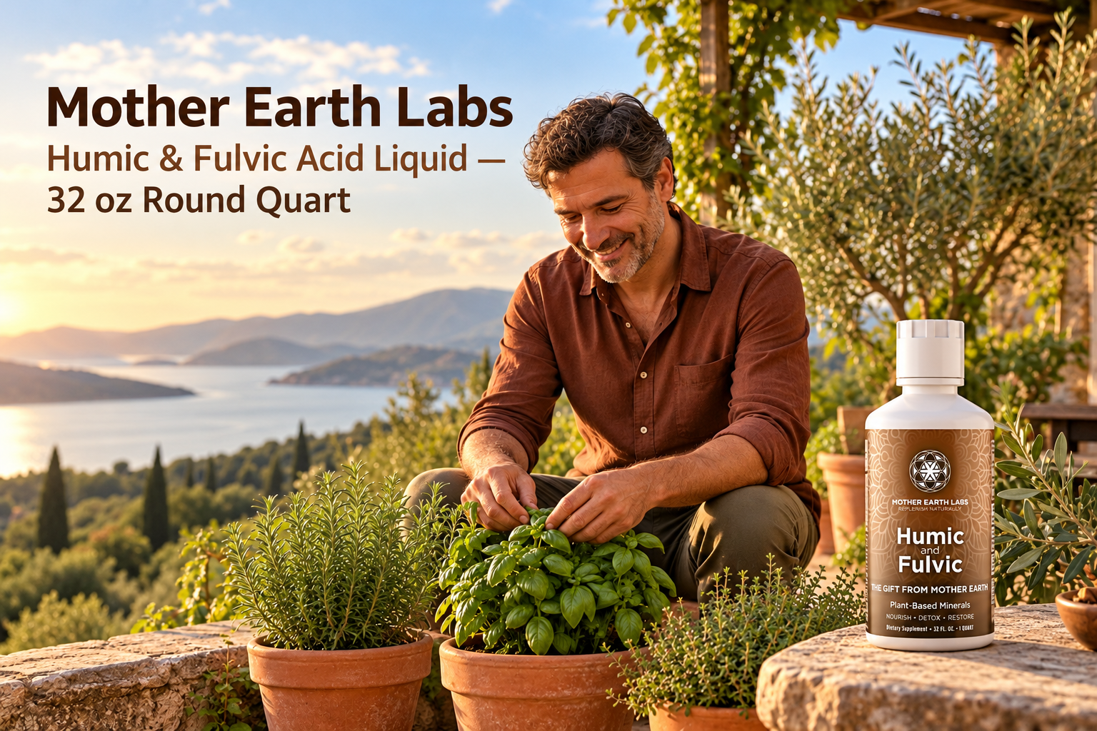Mother Earth Labs Humic & Fulvic Acid Liquid — 32 oz Round Quart with actual product packaging in an original full outdoor scene.