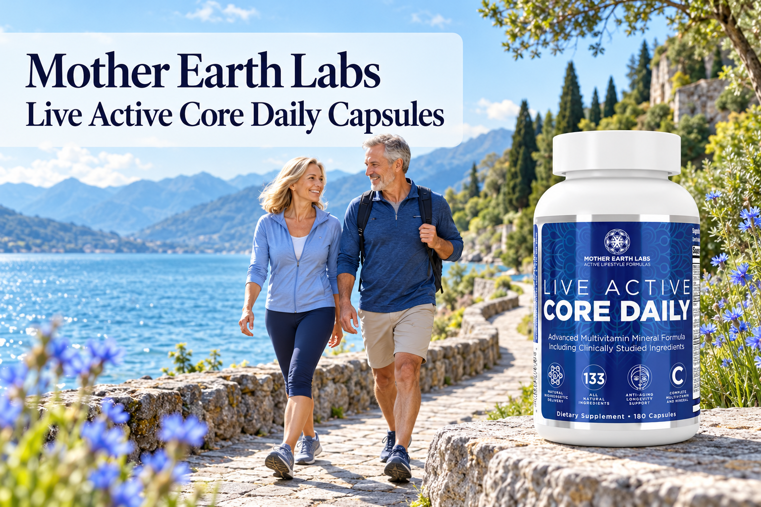 Mother Earth Labs Live Active Core Daily Capsules with the actual product and an original outdoor healthy-living scene.