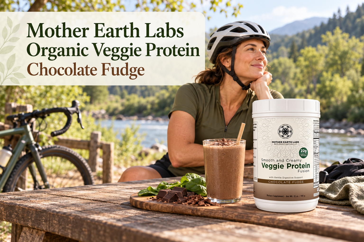 Mother Earth Labs Organic Veggie Protein — Chocolate Fudge with the actual product and an original outdoor healthy-living scene.