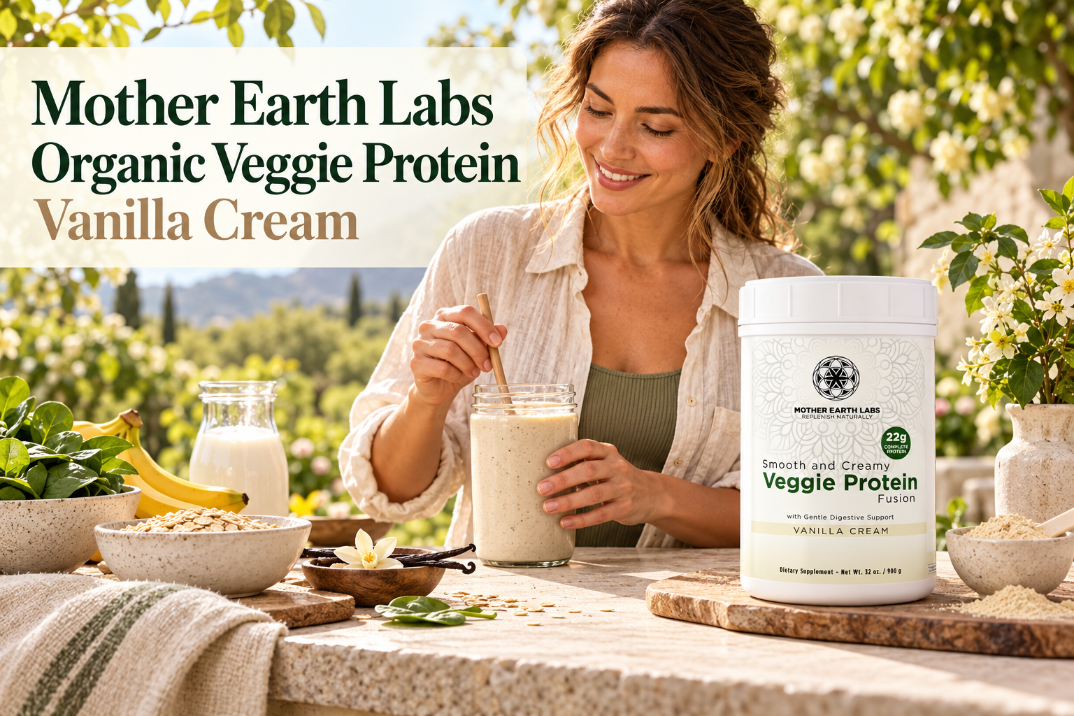 Mother Earth Labs Organic Veggie Protein — Vanilla Cream with the actual product and an original outdoor healthy-living scene.