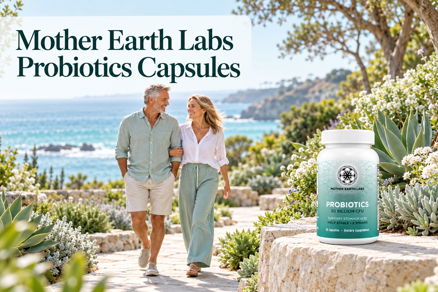 Mother Earth Labs Probiotics Capsules with the actual product and an original outdoor healthy-living scene.