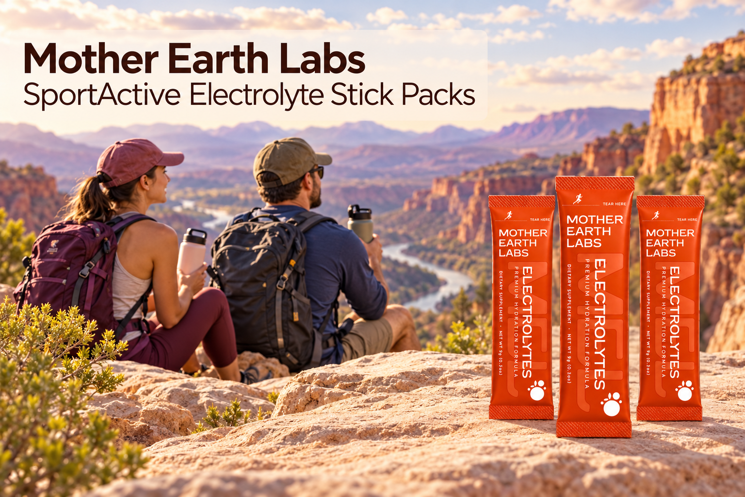 Mother Earth Labs SportActive Electrolyte Stick Packs with the actual product and an original outdoor healthy-living scene.
