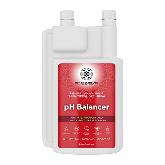 pH Balancer Liquid Multivitamin with Adaptogens – 32 oz Dispensing Quart — official Mother Earth Labs product photograph