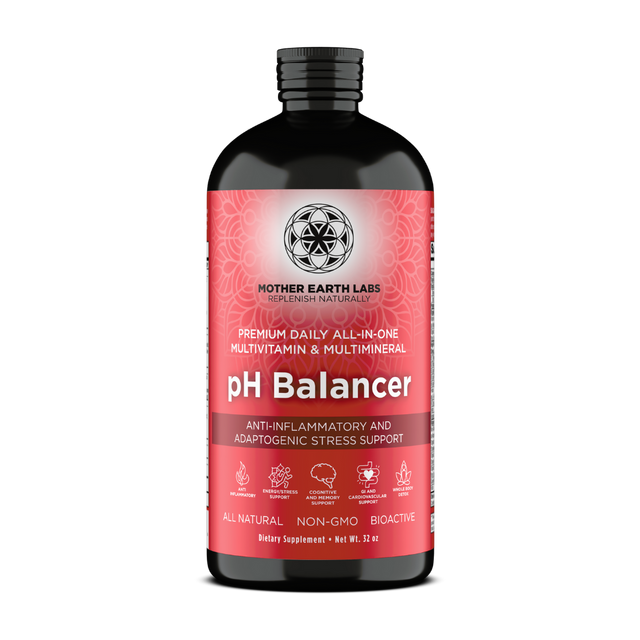 pH Balancer Liquid Multivitamin with Adaptogens – 32 oz Glass Quart — official Mother Earth Labs product photograph