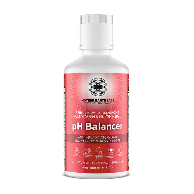 pH Balancer Liquid Multivitamin with Adaptogens – 32 oz Round Quart — official Mother Earth Labs product photograph