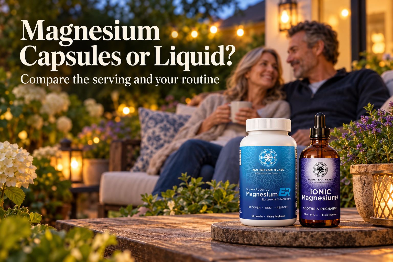 Mother Earth Labs Magnesium ER capsules and Ionic Magnesium+ liquid in a peaceful evening garden.