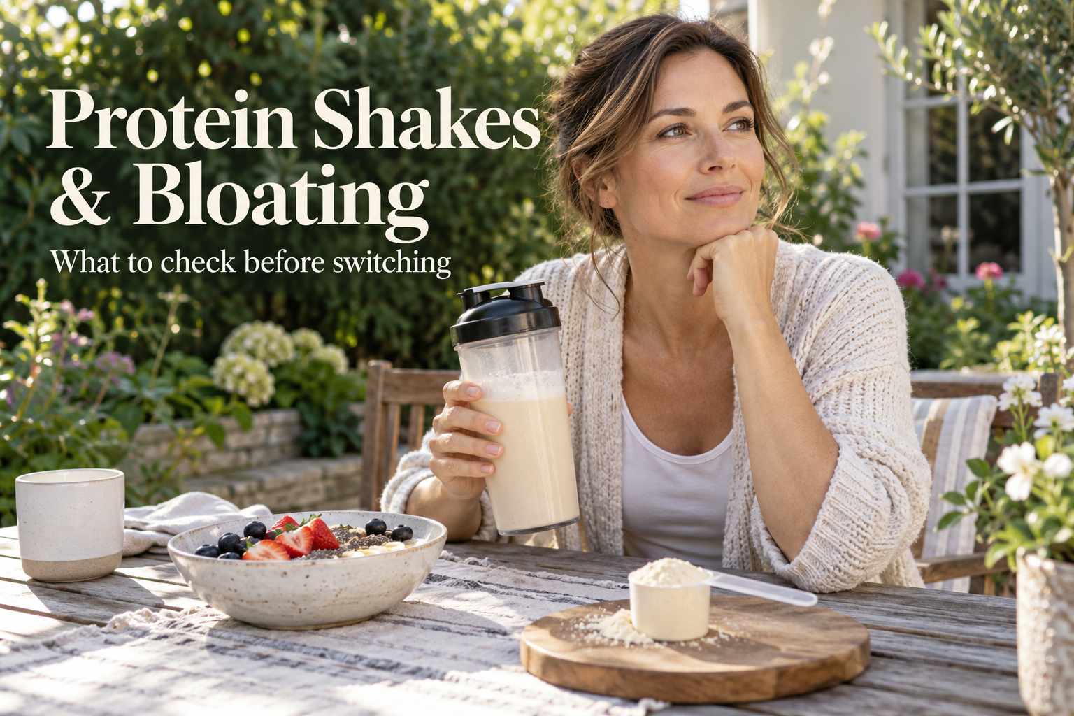 Woman with a protein shake at a garden breakfast table; protein shakes and bloating.