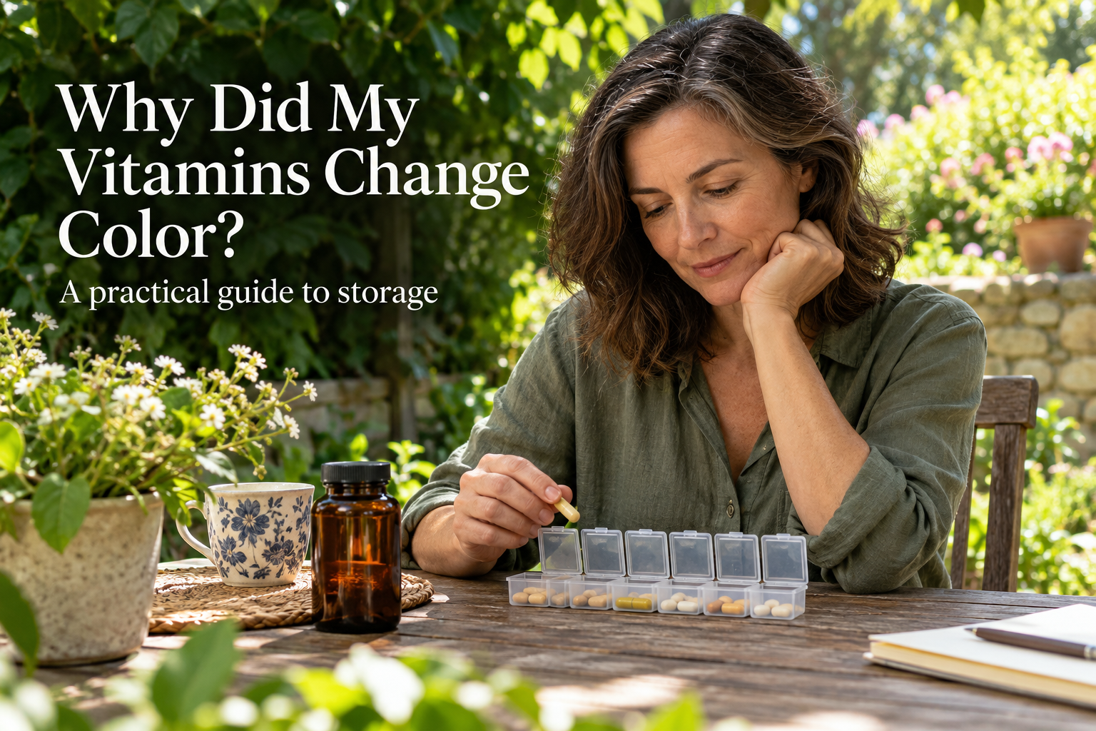 Woman checking a weekly pill organizer at a garden table; a practical guide to vitamin storage.