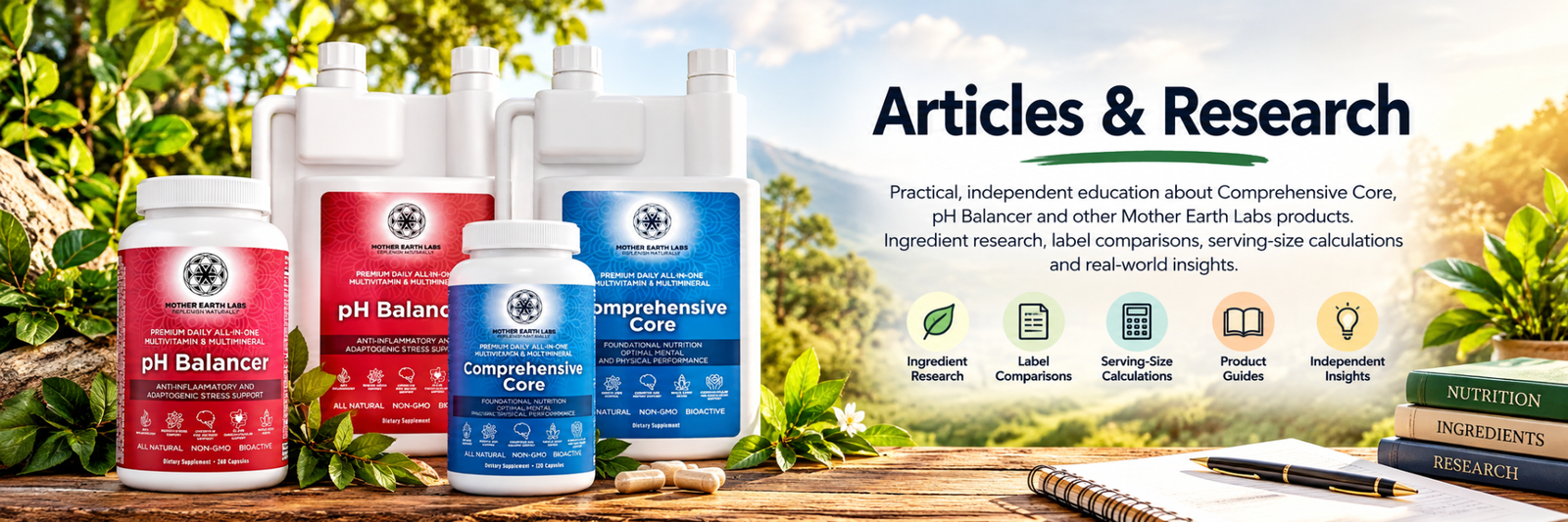 Articles & Research: Comprehensive Core and pH Balancer in liquid and capsule formats.