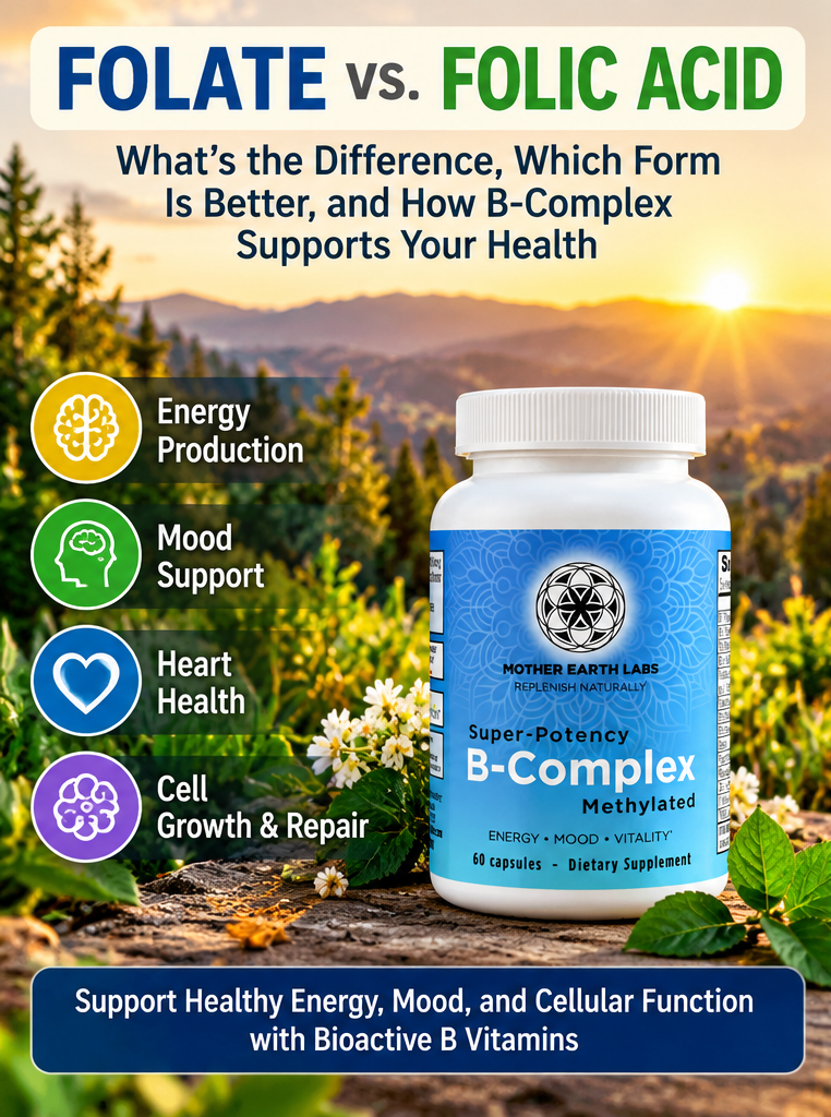 Approved Folate versus Folic Acid artwork with Mother Earth Labs B-Complex