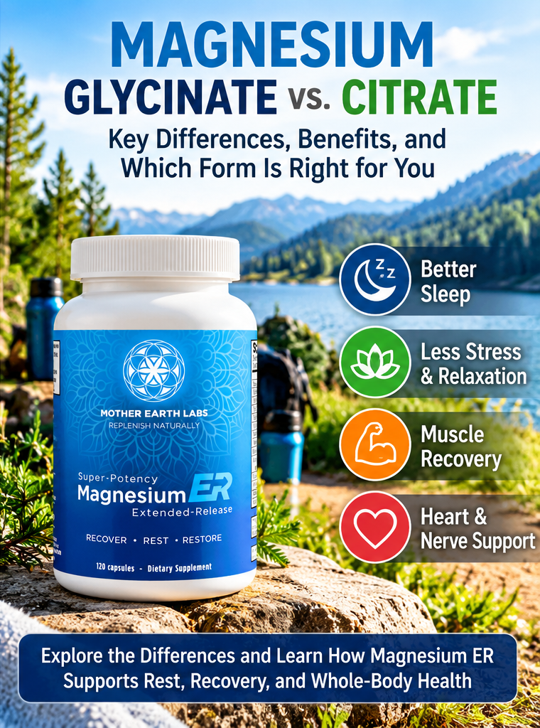 Approved Magnesium Glycinate versus Citrate artwork with Mother Earth Labs Magnesium ER