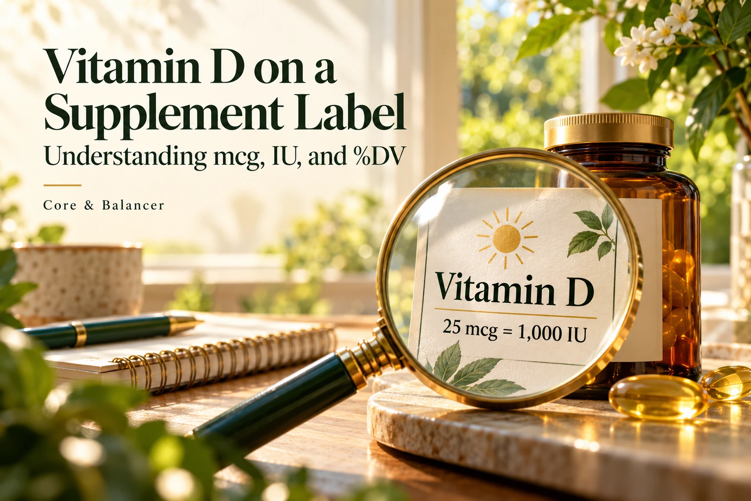 Vitamin D on a Supplement Label: Understanding mcg, IU, and %DV — magnifying glass over an illustrative 25 mcg equals 1,000 IU label.