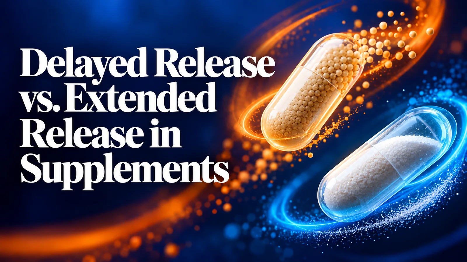 Two unbranded capsules with blue and orange accent lighting on a deep indigo background.