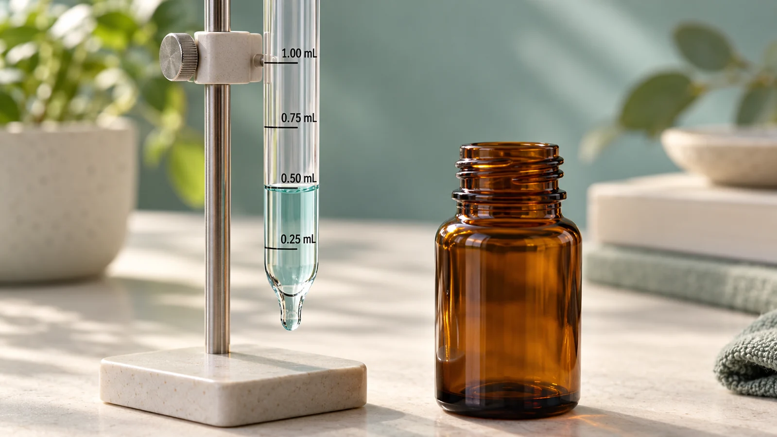 Graduated dropper with liquid at the 0.50 mL mark beside an unbranded amber bottle.
