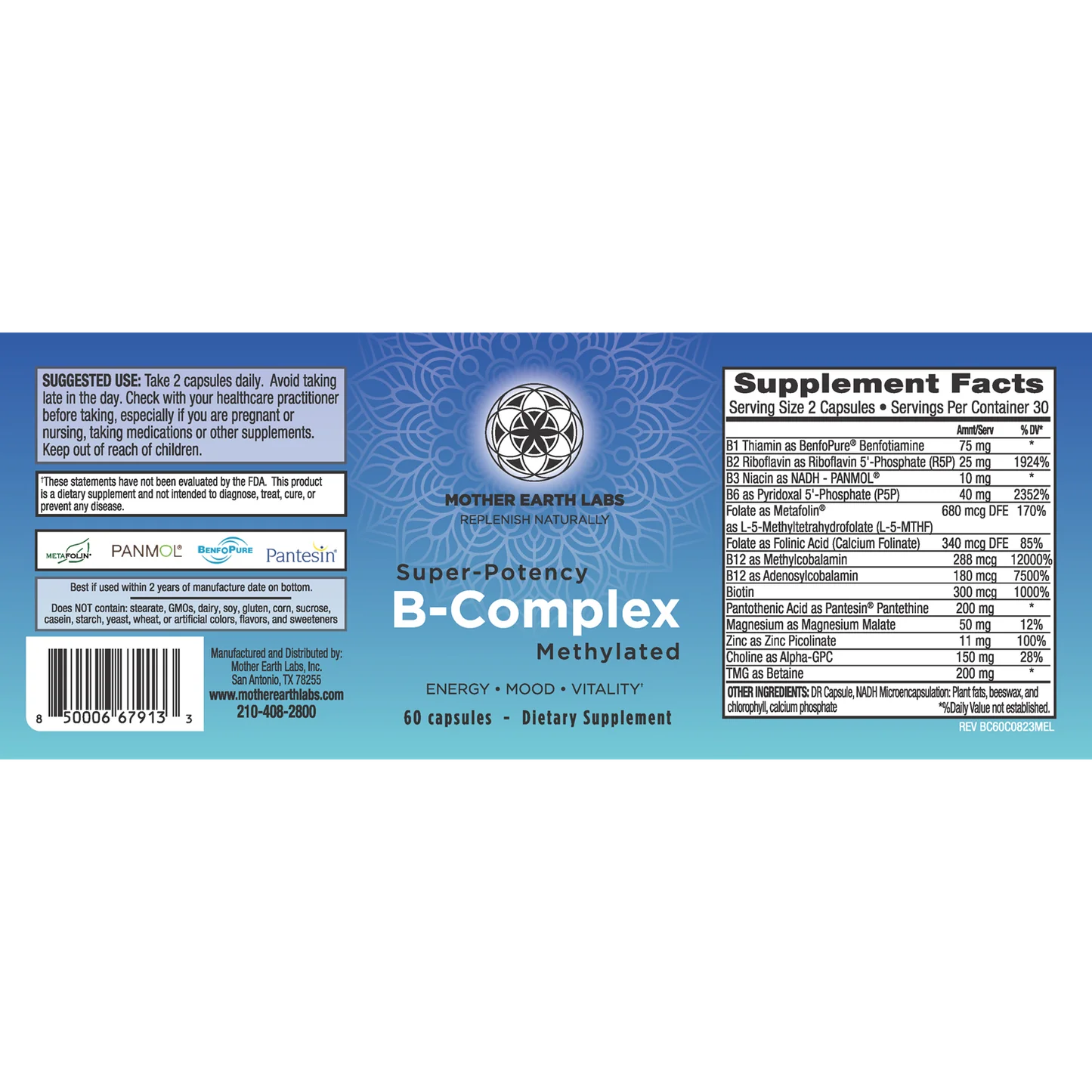 Original Mother Earth Labs Super-Potency B-Complex Methylated package label showing full Supplement Facts, serving size and directions