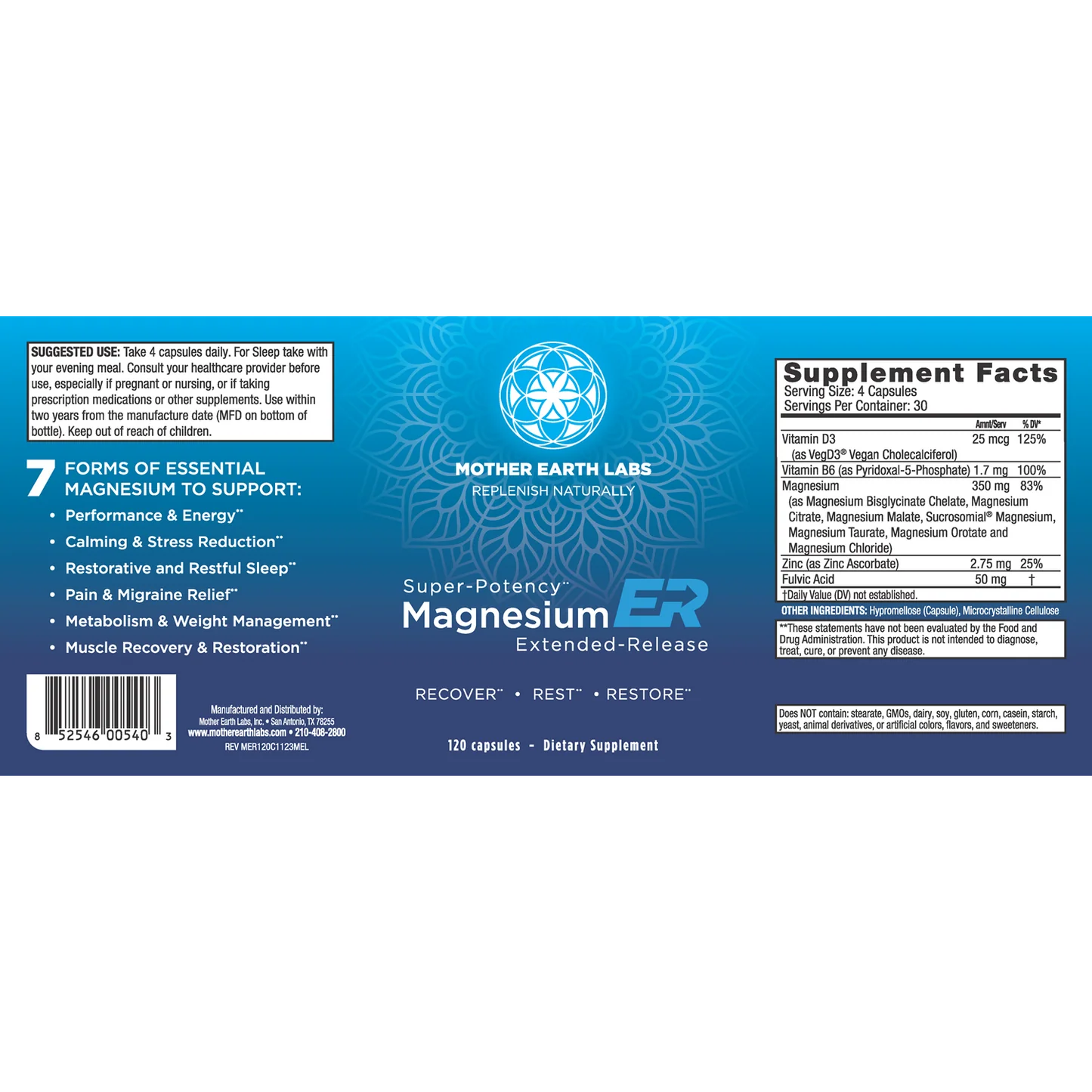 Original Mother Earth Labs Super-Potency Magnesium ER Extended-Release package label showing Supplement Facts and directions