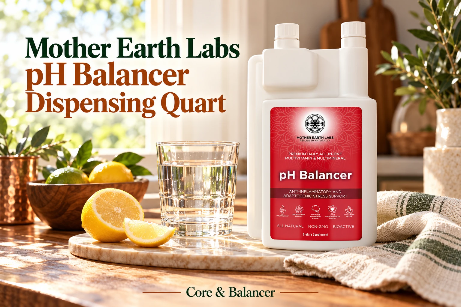 Mother Earth Labs pH Balancer Dispensing Quart — product packaging in a distinct illustrated scene with the article title