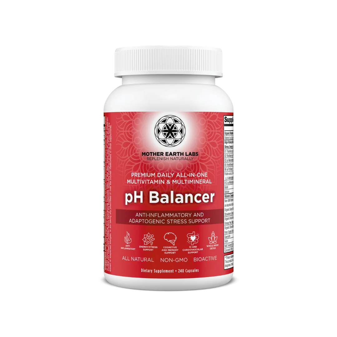 Actual Mother Earth Labs pH Balancer capsule bottle with red label.