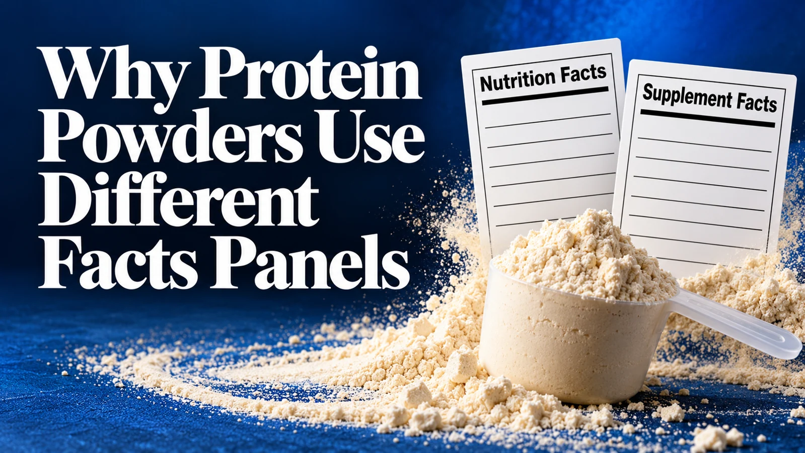 Protein powder and a scoop beside two generic cards headed Nutrition Facts and Supplement Facts.