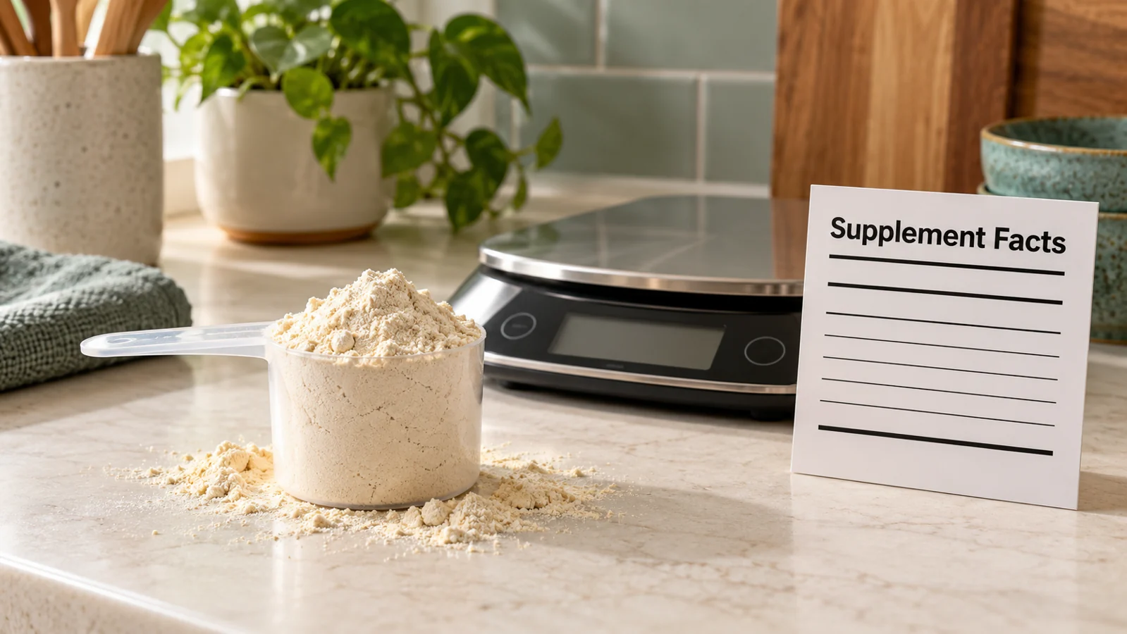 Scoop of protein powder beside a kitchen scale and a generic Supplement Facts panel.